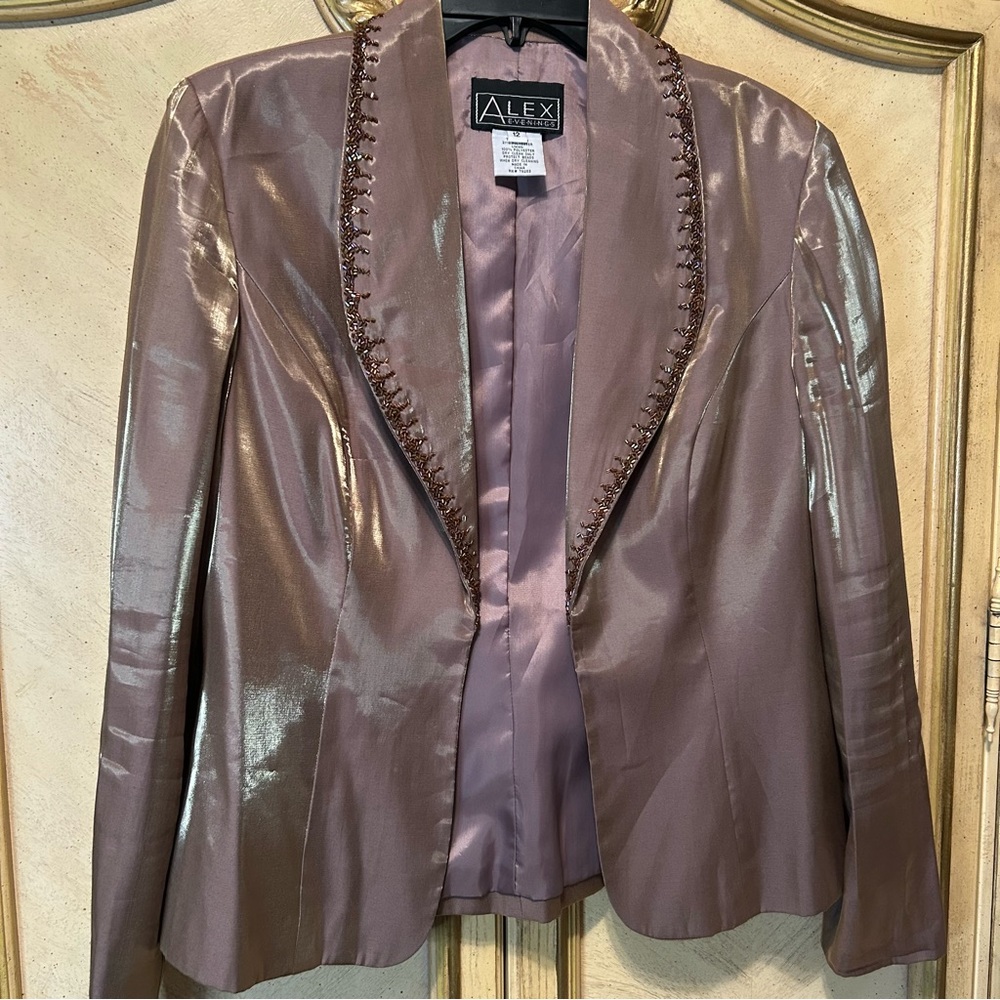 Vintage Alex Evening Beaded Lilac Gold Metallic Shimmer Open Front Jacket Blazer